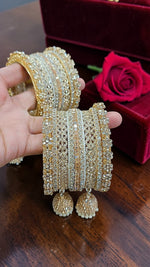 Golden Shadow Stone Bridal Bangles Set with Jhumki | Luxury Crystal Bangles Set for Women | Traditional Indian Wedding & Party Wear Kada Set