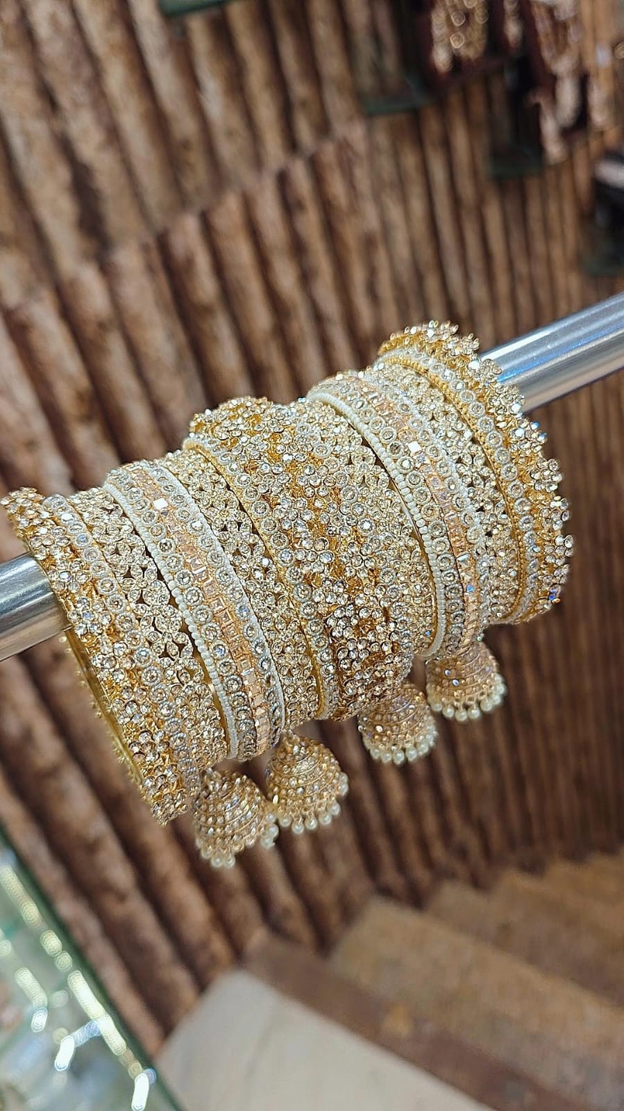 Golden Shadow Stone Bridal Bangles Set with Jhumki | Luxury Crystal Bangles Set for Women | Traditional Indian Wedding & Party Wear Kada Set