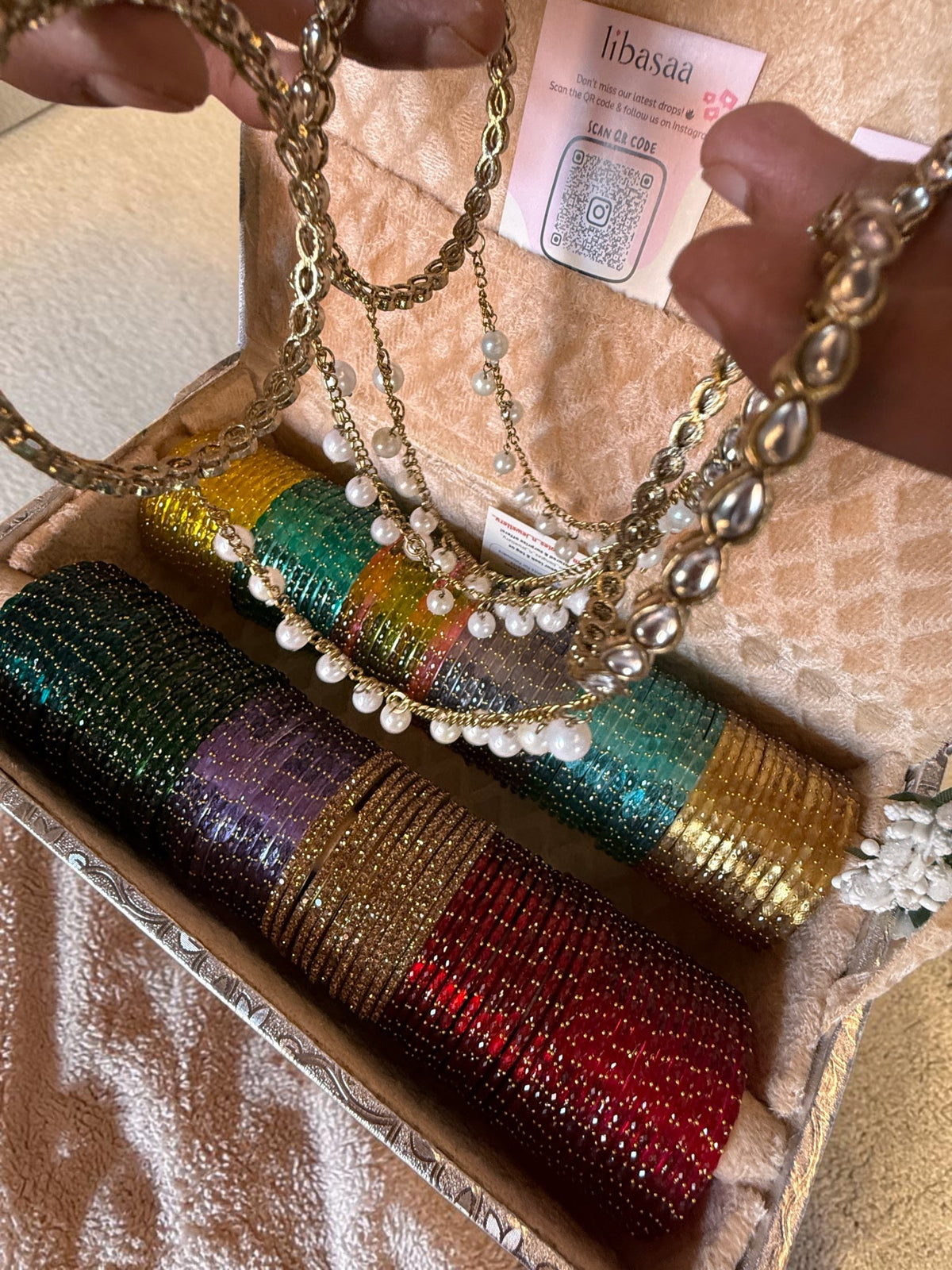 Rain Drop Glass Bangles Combo Set (12 Dozen, 12 Colours Box With Kundan Pearl Kada Chain Hathphool 2 Pcs ) | Indian Bangles Set & Jewellery | Richnees Look