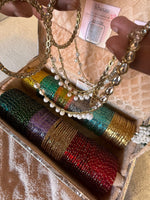 Rain Drop Glass Bangles Combo Set (12 Dozen, 12 Colours Box With Kundan Pearl Kada Chain Hathphool 2 Pcs ) | Indian Bangles Set & Jewellery | Richnees Look