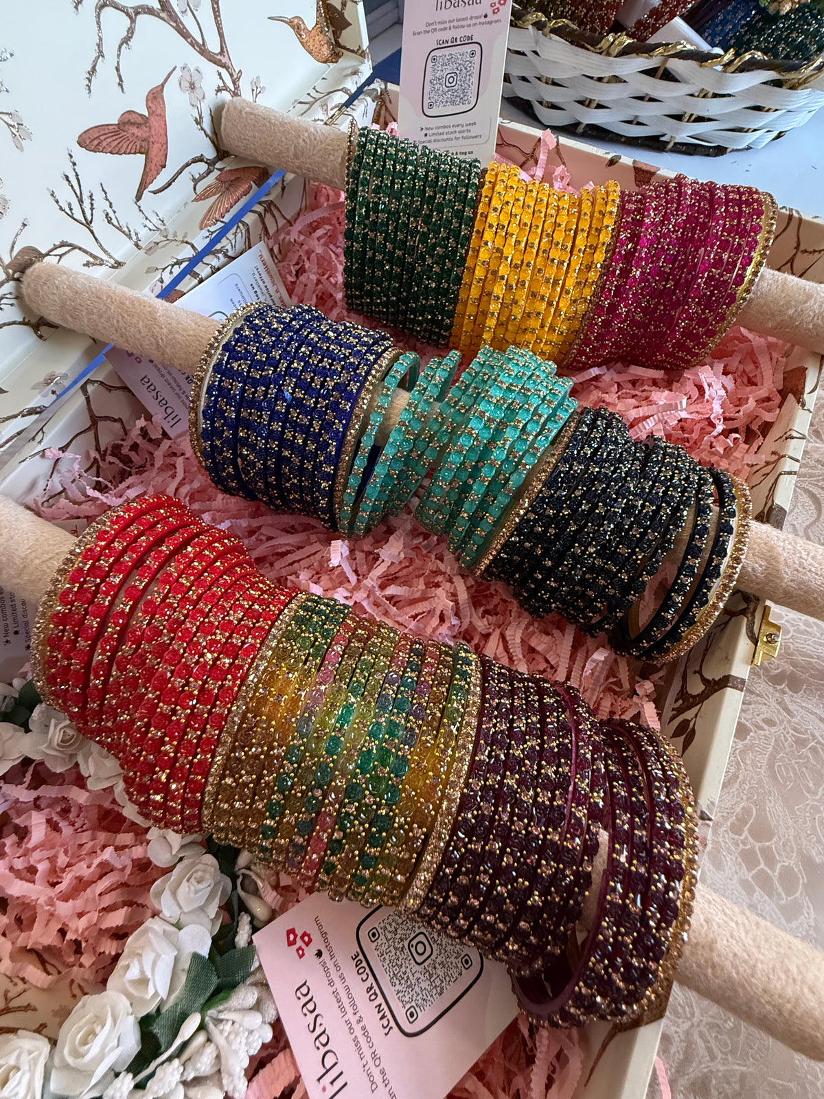 Glass Stone Rose Bangles Combo Set (9 Dozen, 9 Colours Box) | Indian Bangles Set & Jewellery | Richnees Look