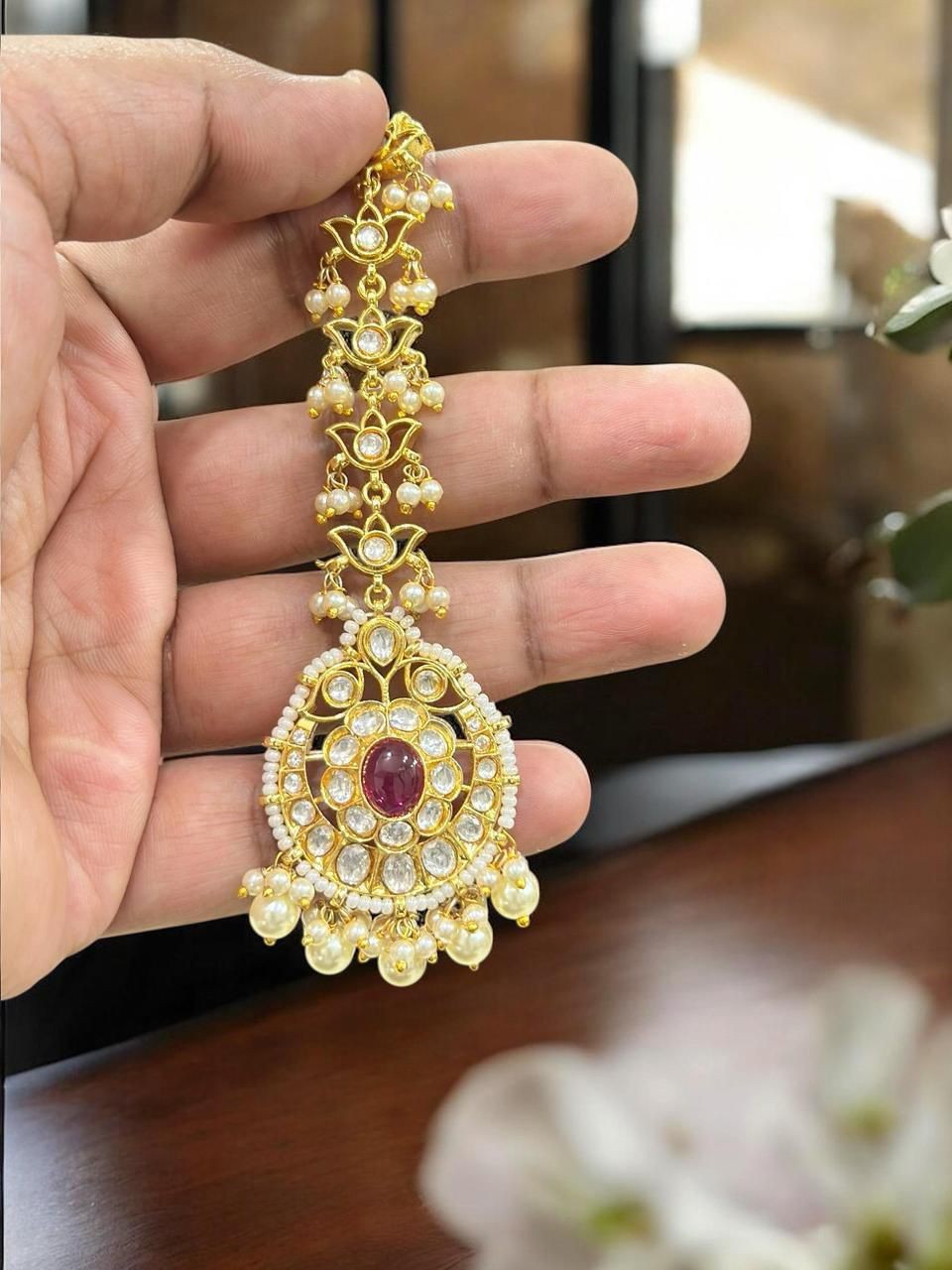 Golden & Red Kundan Maang Tikka with Pearls | Bridal & Festive Hair Jewelry