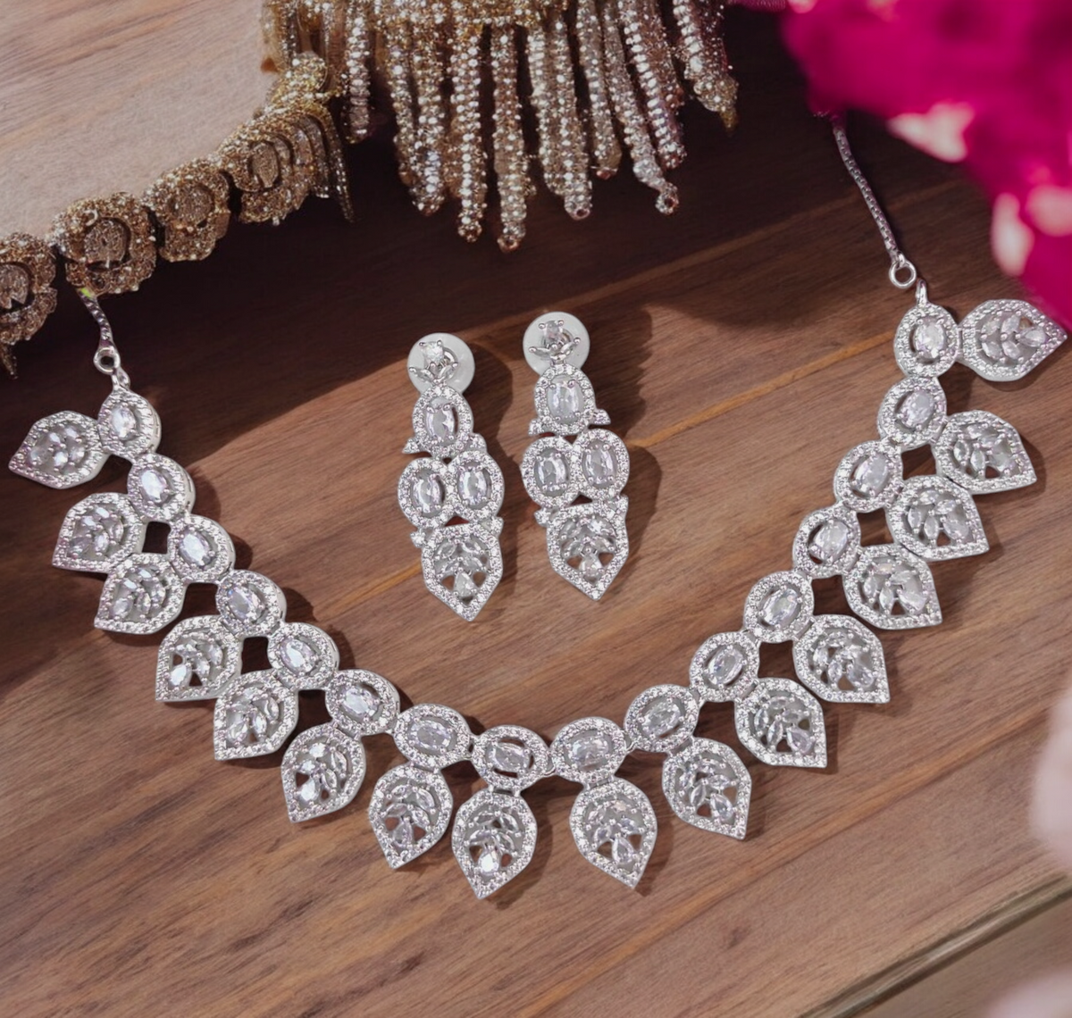 Leaf Motif American Diamond Necklace Set, Celebrity AD Jewellery Set, CZ Jewellery, Bridal AD Necklace, Wedding Choker Set, AD Earrings Set, AD Necklace, Indian AD Jewellery Set