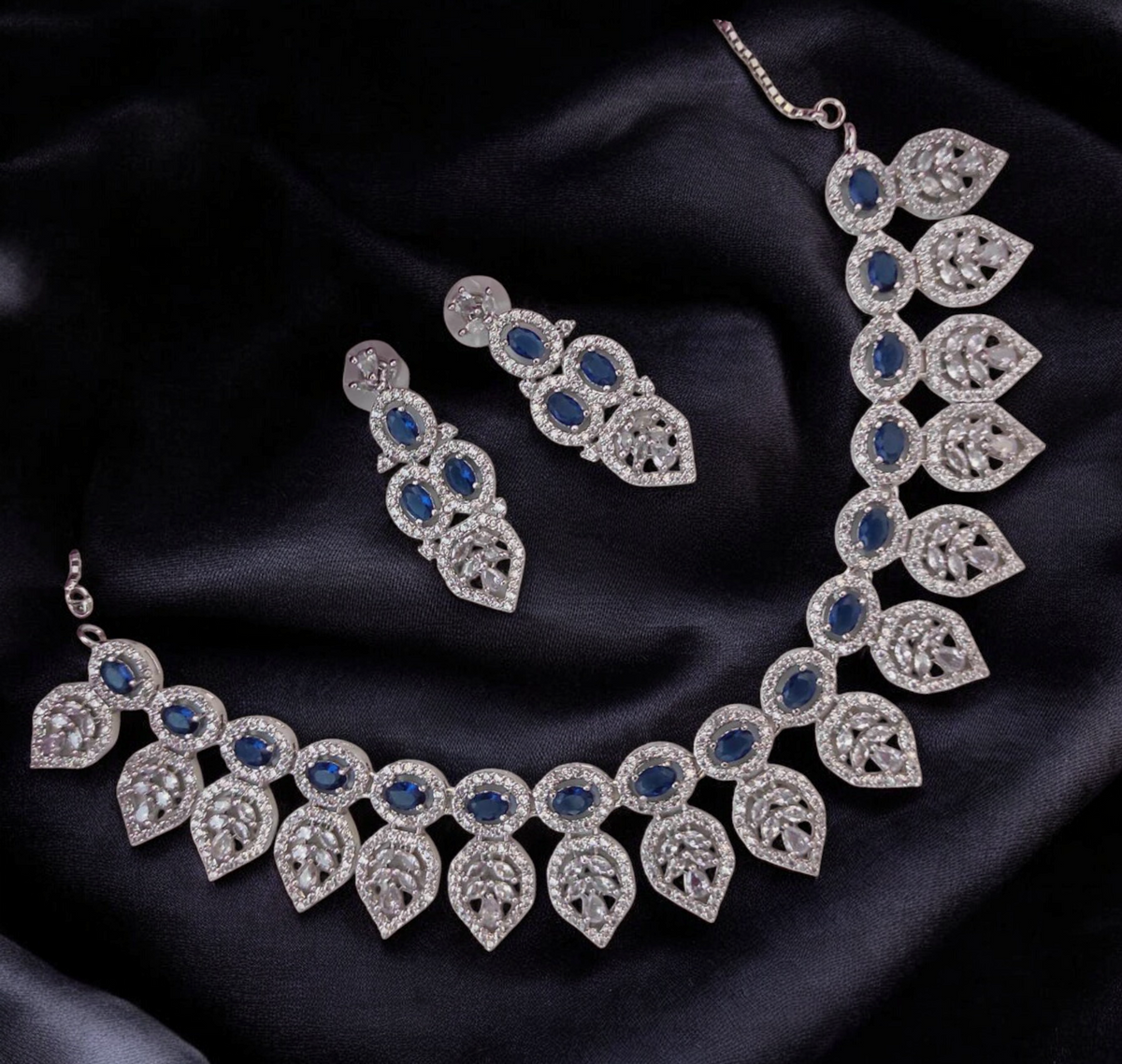 Leaf Motif American Diamond Necklace Set, Celebrity AD Jewellery Set, CZ Jewellery, Bridal AD Necklace, Wedding Choker Set, AD Earrings Set, AD Necklace, Indian AD Jewellery Set