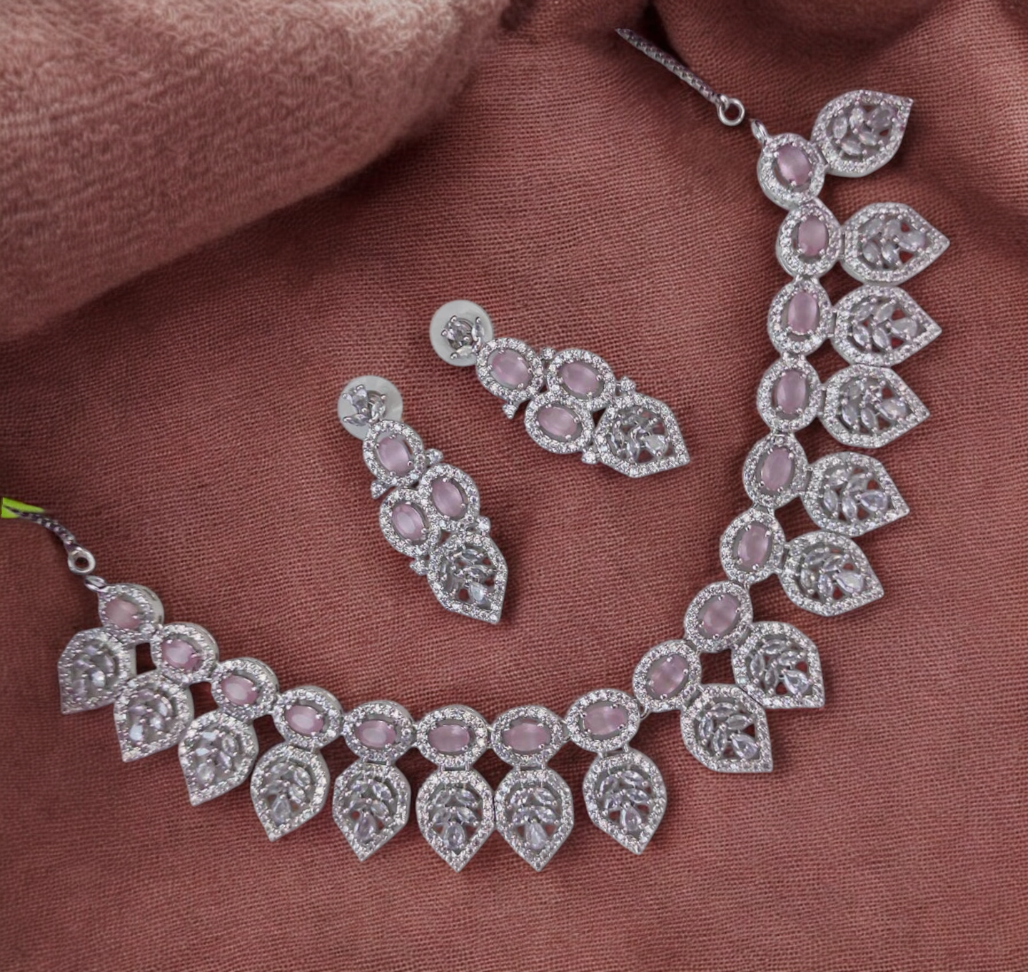 Leaf Motif American Diamond Necklace Set– - Main Image