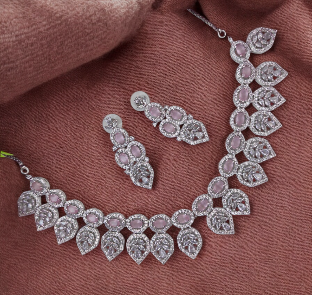 Leaf Motif American Diamond Necklace Set, Celebrity AD Jewellery Set, CZ Jewellery, Bridal AD Necklace, Wedding Choker Set, AD Earrings Set, AD Necklace, Indian AD Jewellery Set