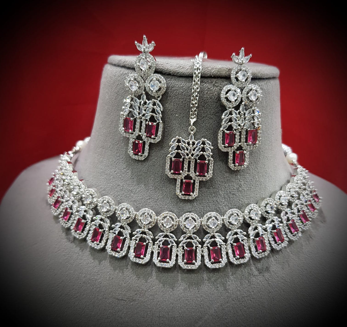 Elegance Bollywood AD Choker Earrings Set, Bollywood CZ Necklace Set, AD Earrings Set, CZ Necklace, Celebrity Jewellery, Pakistani Jewellery, CZ Necklace Earrinng Set