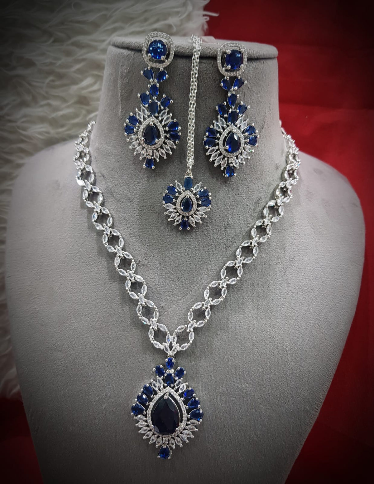 Delicate Soft Elegance AD Necklace Earrings Maangtika Set, CZ Necklace Set, Celebrities AD Jewellery, CZ Wedding Necklace Set