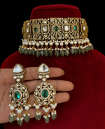 Antique Gold Plated Indian Polki Choker Earrings Set, Bollywood Designed Choker Set, Polki Jewery Set, Celebrity Inspired Polki Choker Set