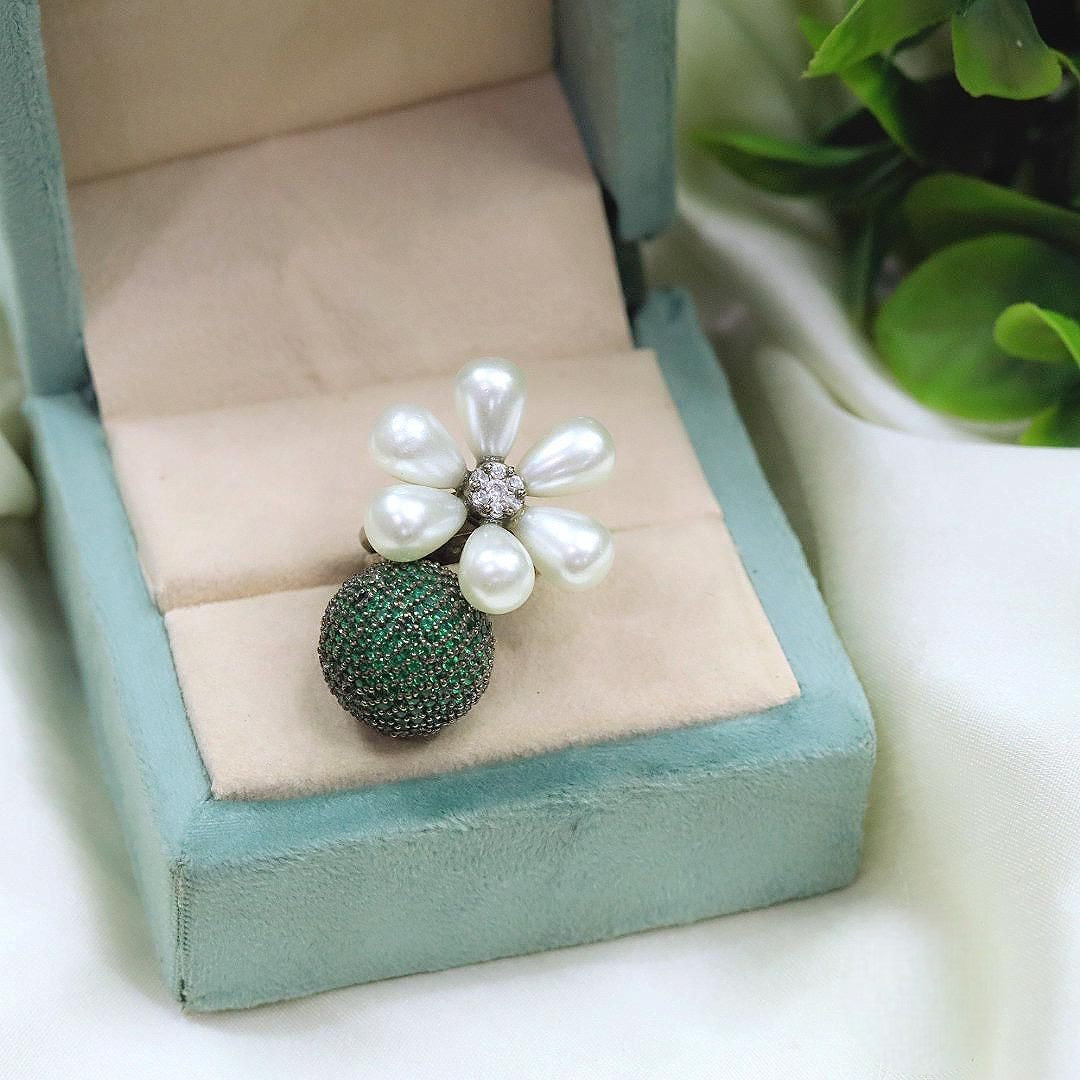Floral Pearl & Amethyst Crystal Dome Ring Statement Designer Cocktail Jewelry