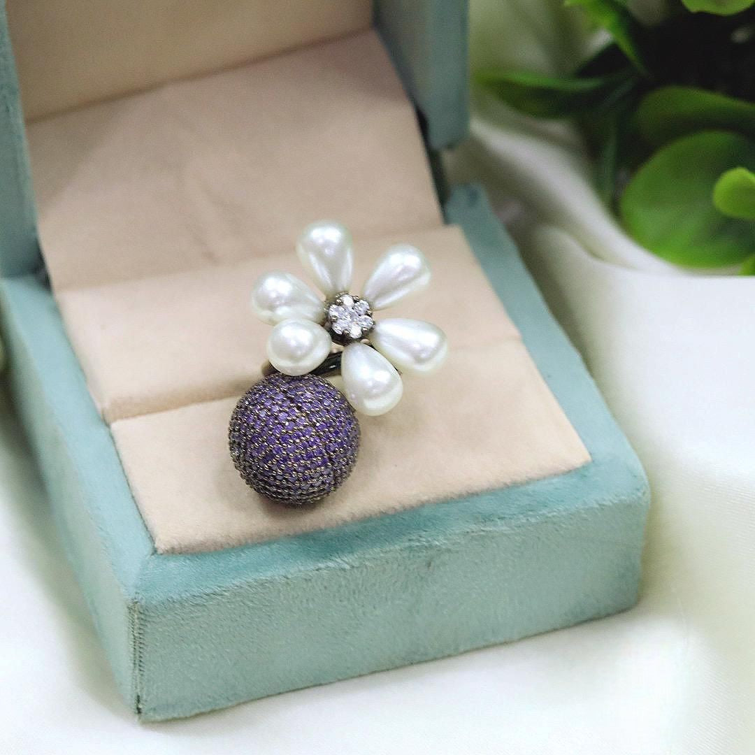 Floral Pearl & Amethyst Crystal Dome Ring Statement Designer Cocktail Jewelry