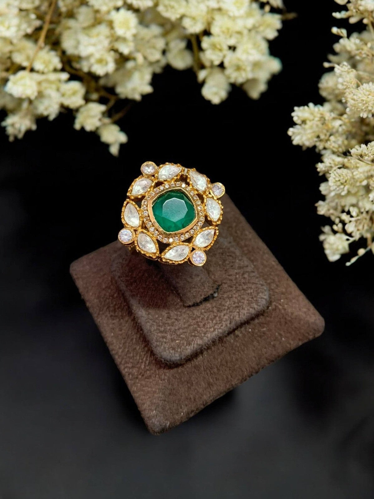Elegant Red Stone Kundan Cocktail Ring Adjustable Traditional Statement Jewelry