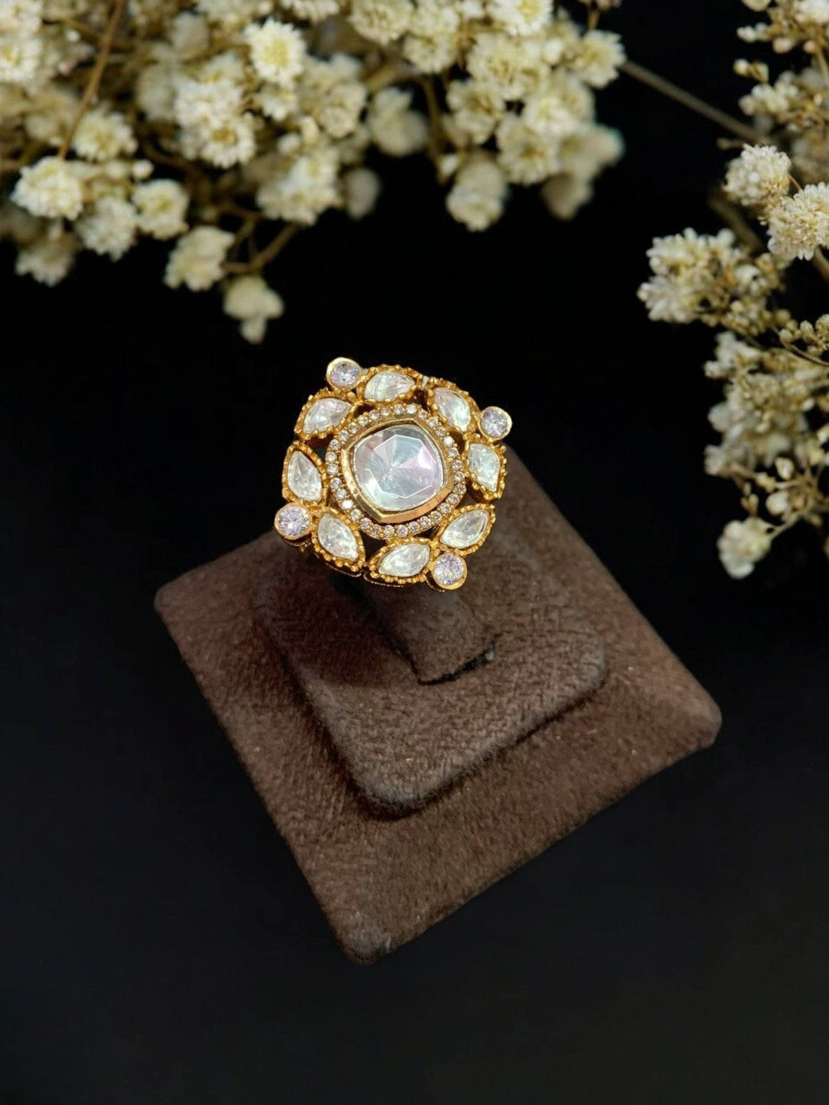 Elegant Red Stone Kundan Cocktail Ring Adjustable Traditional Statement Jewelry