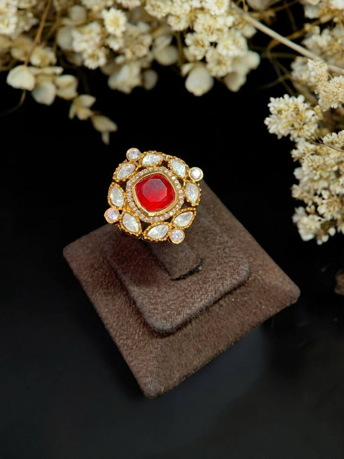Elegant Red Stone Kundan Cocktail Ring Adjustable Traditional Statement Jewelry