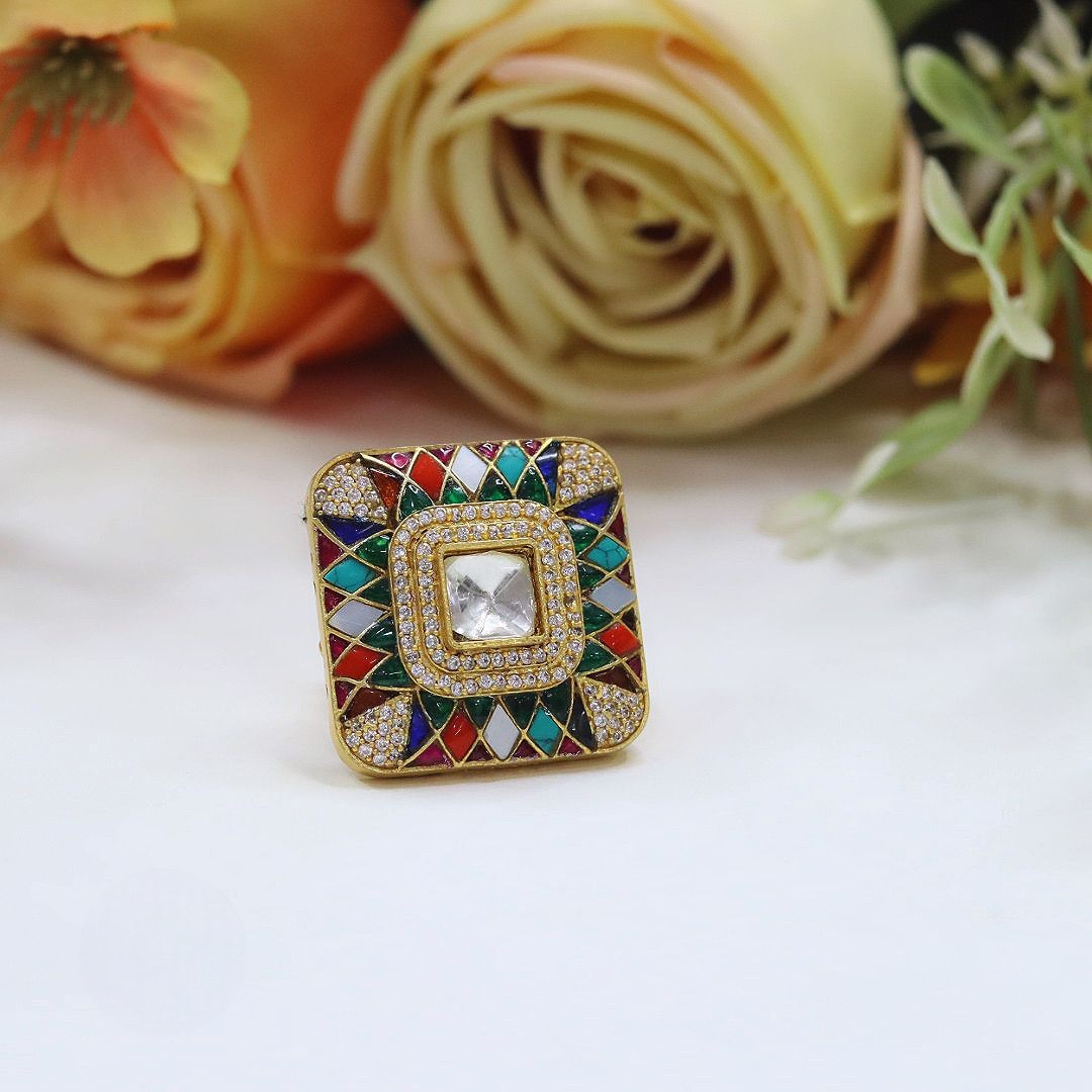 Ruby Red & White Stone Polki Ring with Intricate Gold Detailing