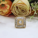 Ruby Red & White Stone Polki Ring with Intricate Gold Detailing