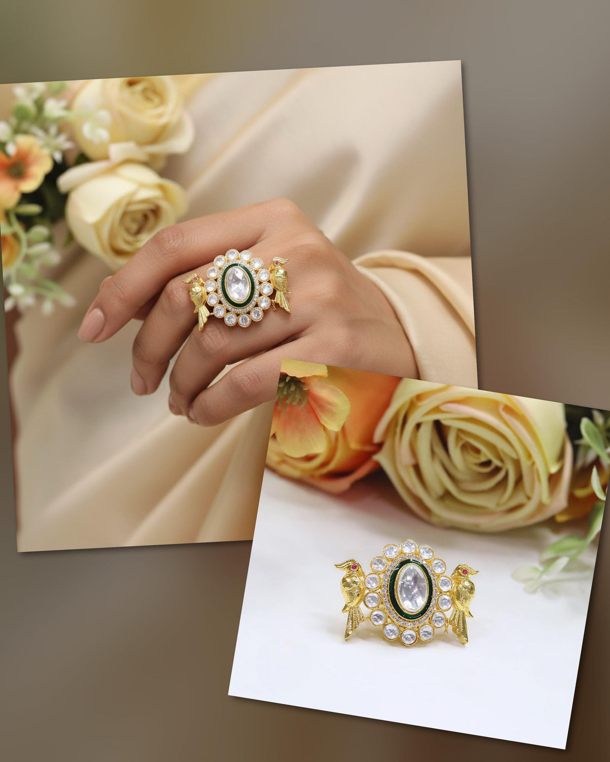 Ornate Kundan & Enamel Bird Motif Cocktail Ring