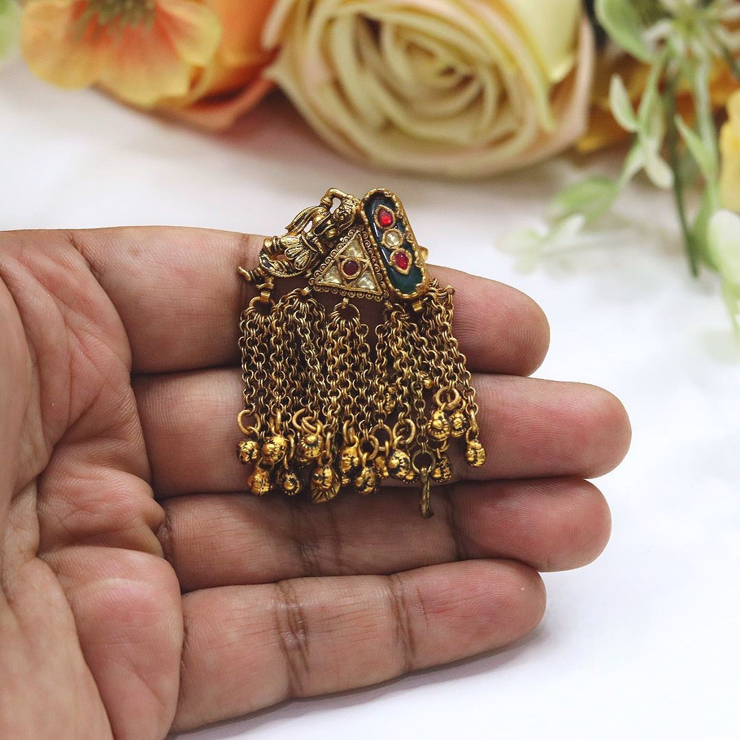 Traditional Gold-Toned Meenakari & Kundan Tassel Ring with Parrot Motif