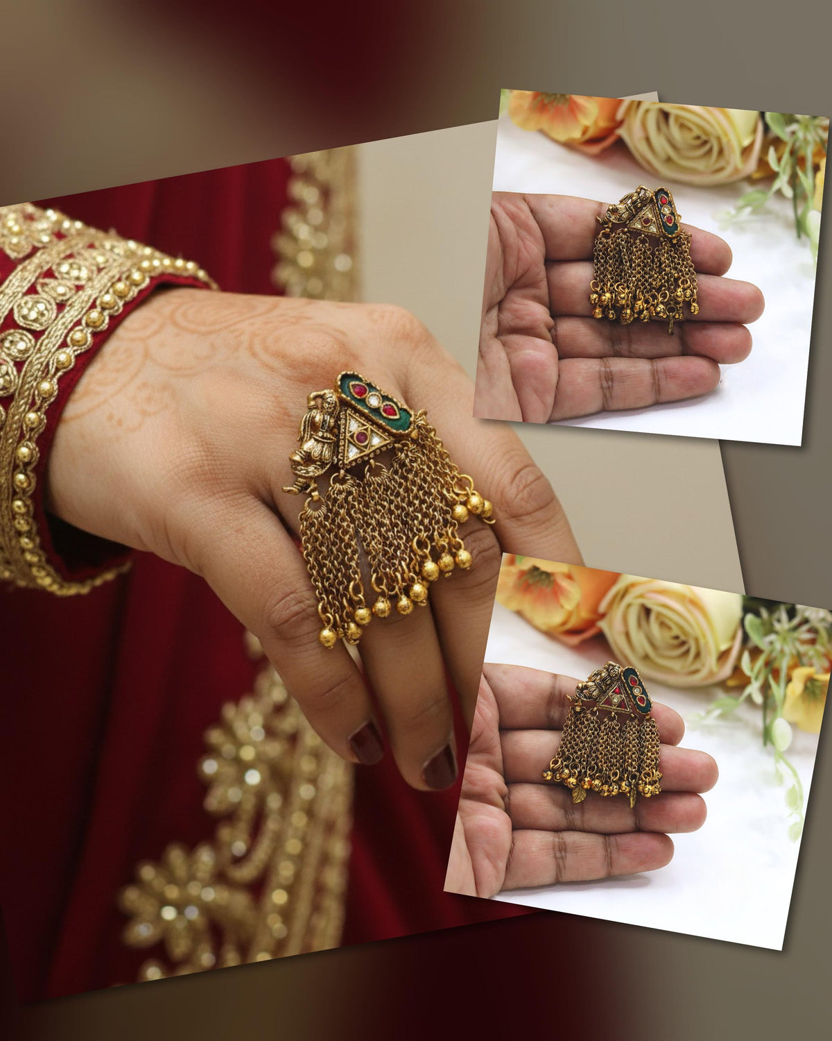 Traditional Gold-Toned Meenakari & Kundan Tassel Ring with Parrot Motif