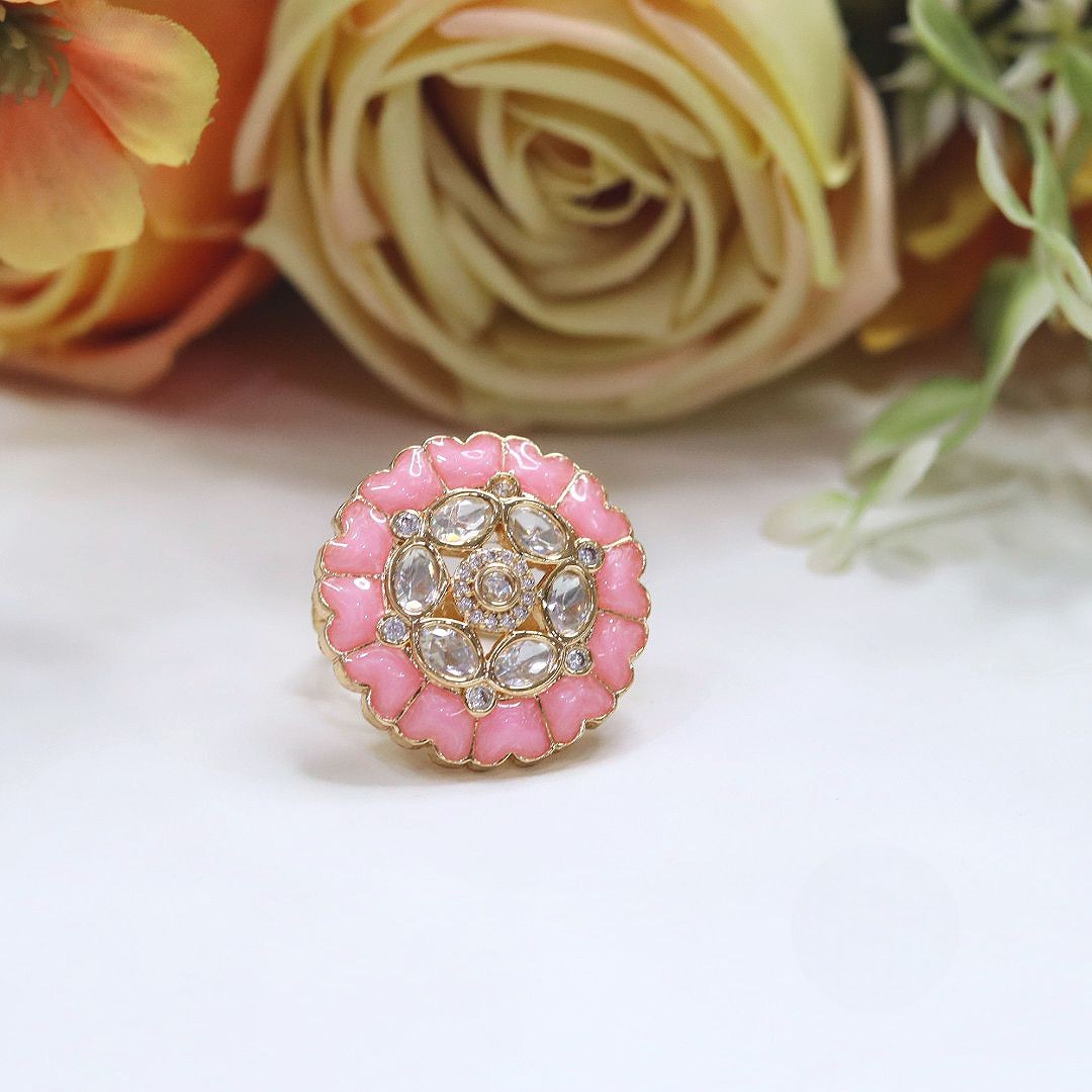 Pink Enamel Kundan Adjustable Ring – Traditional Ethnic Jewelry
