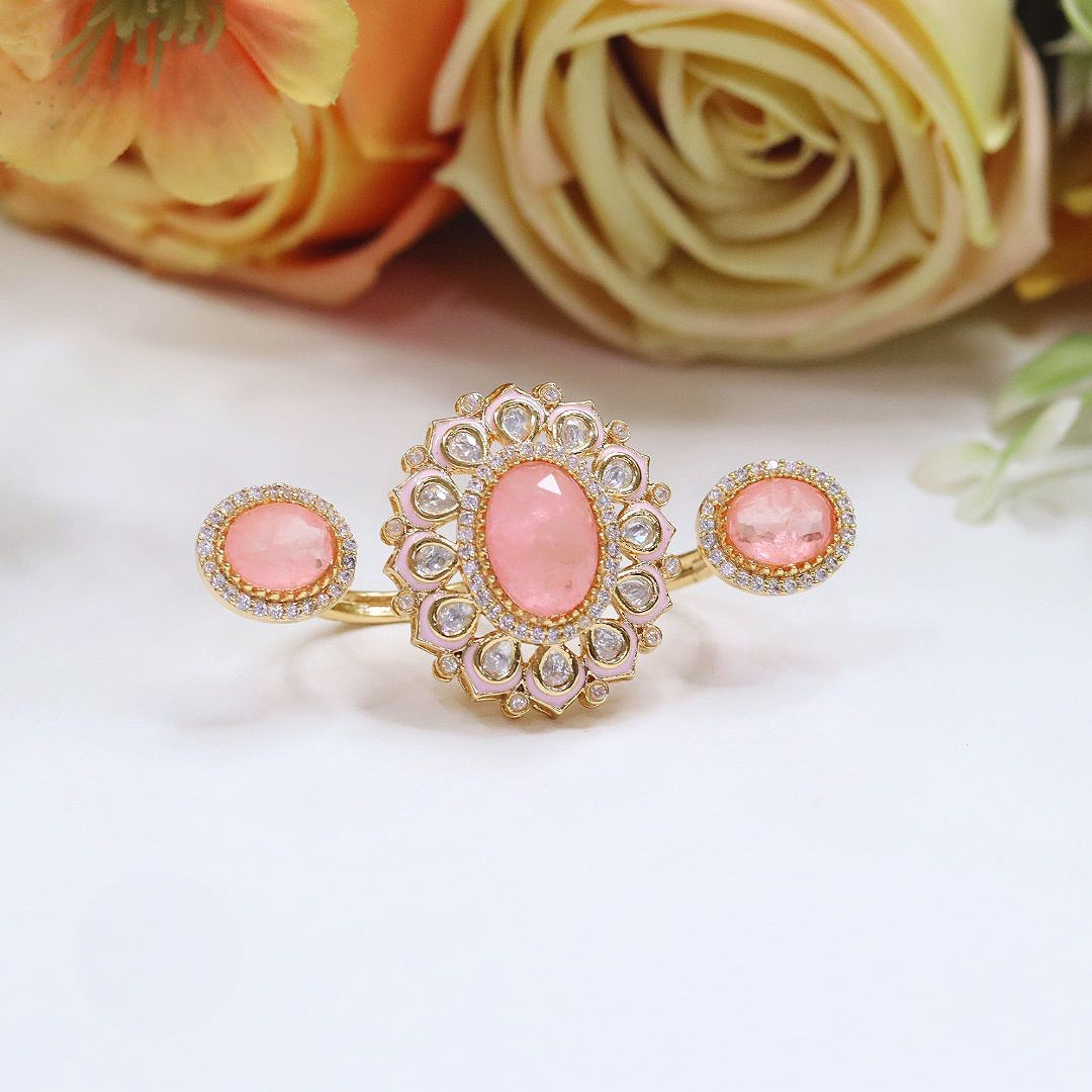 Elegant Pink Enamel & Kundan Stone Triple-Cluster Adjustable Ring