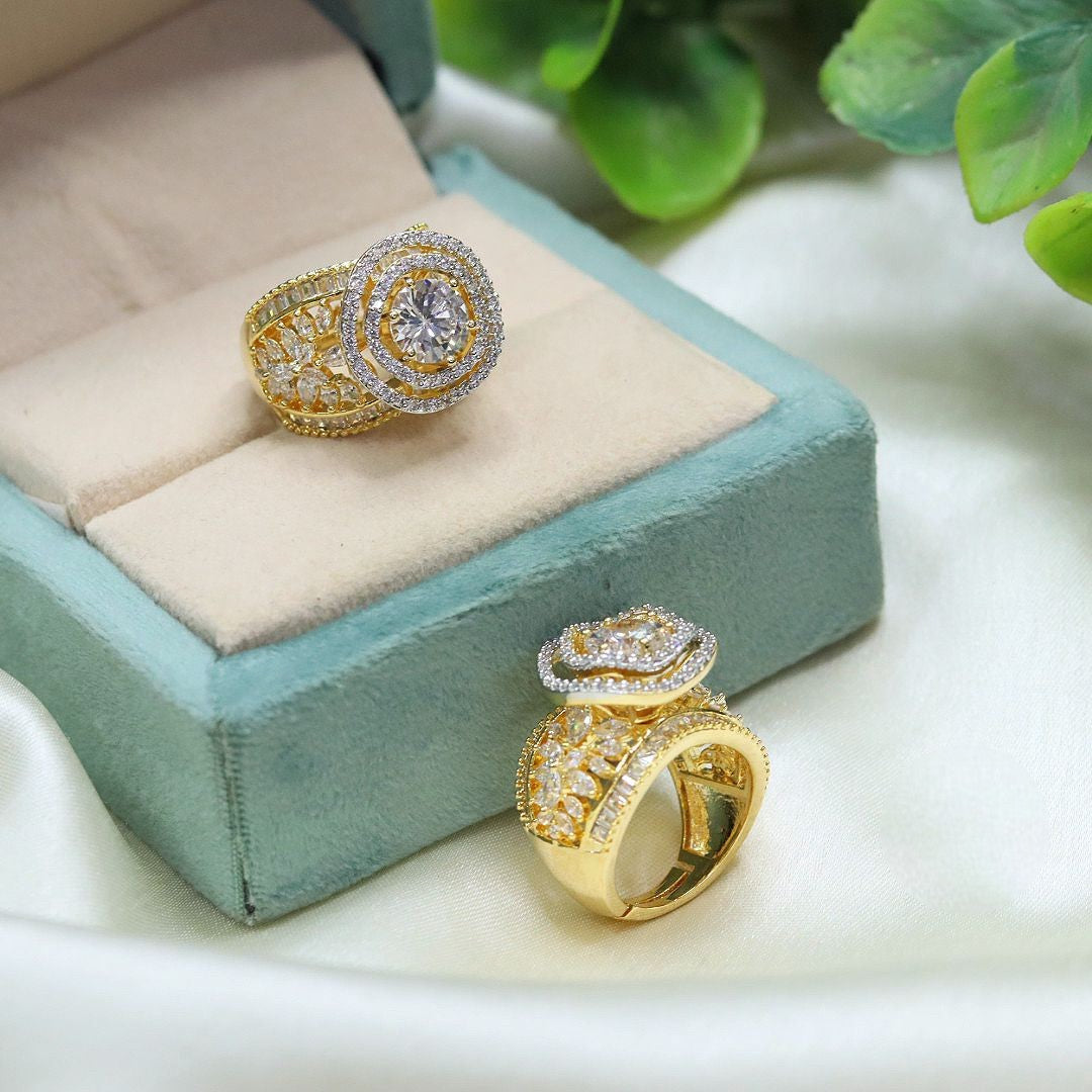 Gold-Plated Round CZ Statement Cocktail RingMulti Layer Halo Designer Ring