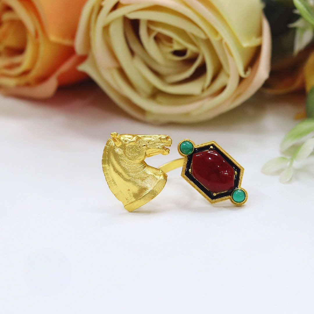 Golden Horse Head Ring with Red & Green Stone
