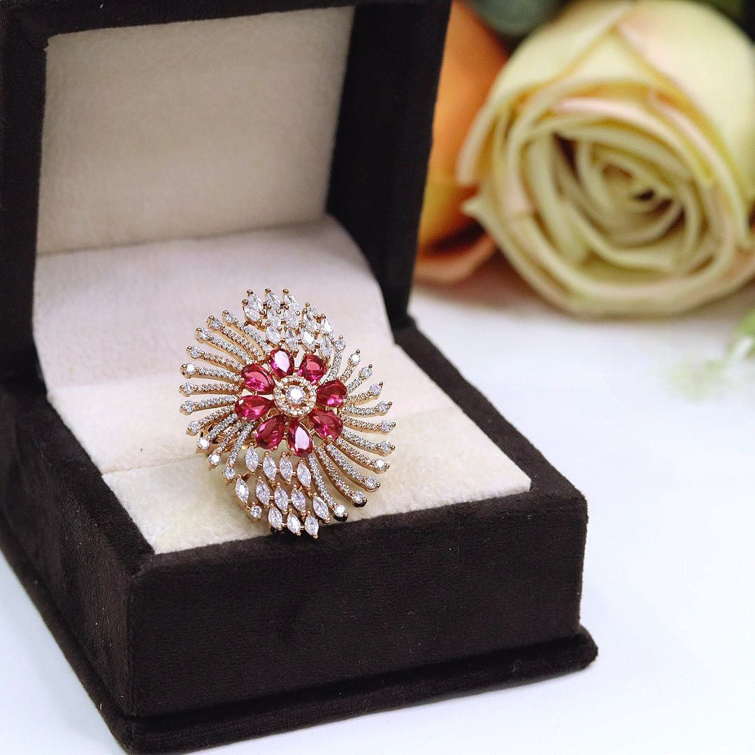 Premium Pink Floral Diamond-Cut Cocktail Ring | Elegant Indian Jewellery | Sparkling CZ Jewellery Indian Ring Set