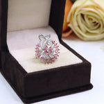 Rose Gold Floral Statement Ring with Pink Stone | Diamond-Style CZ Adjustable Finger Ring | Indian Jewellery CZ Ring Set