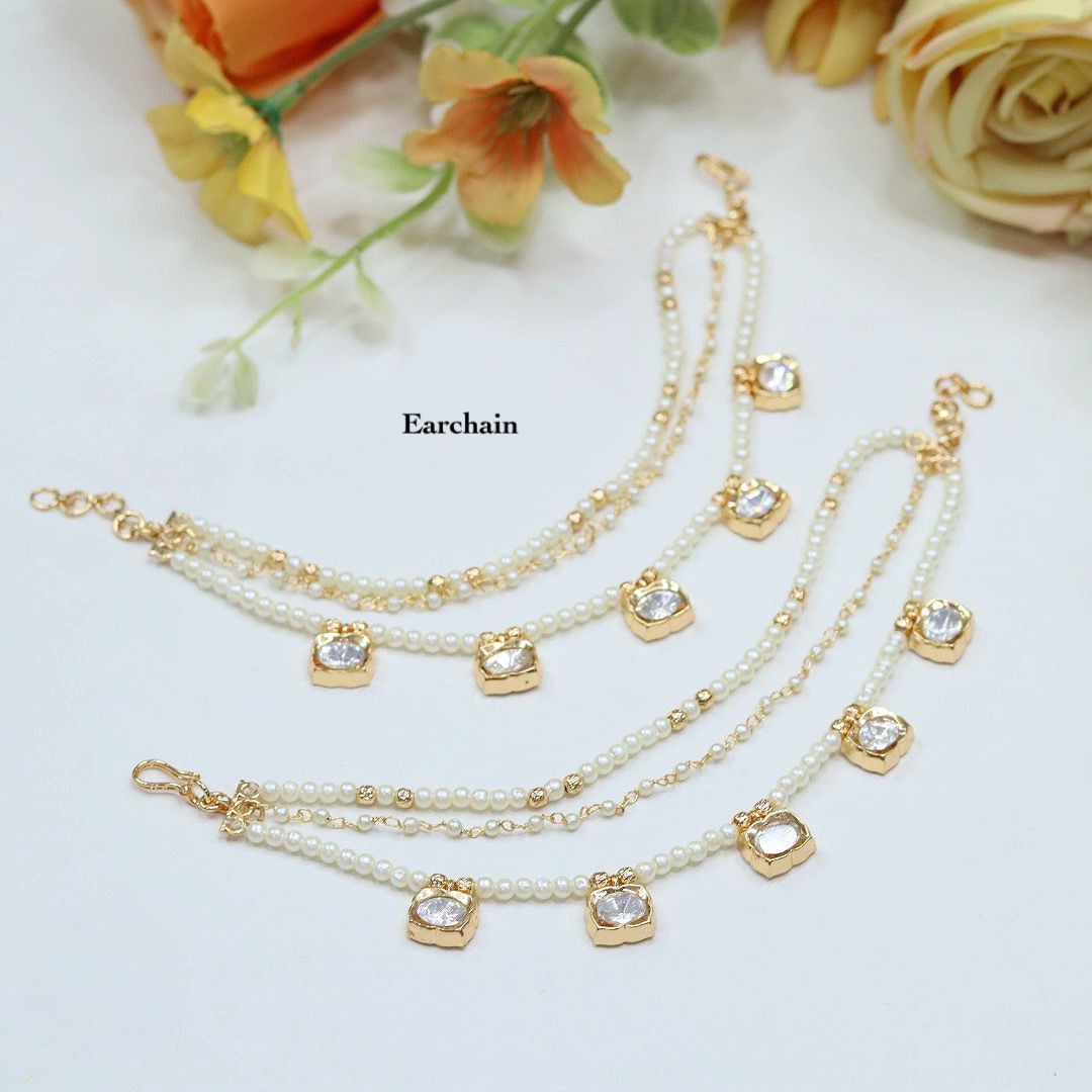 Elegant Pearl & CZ Stone Ear Chain – Gold Finish Earchain (Pair)