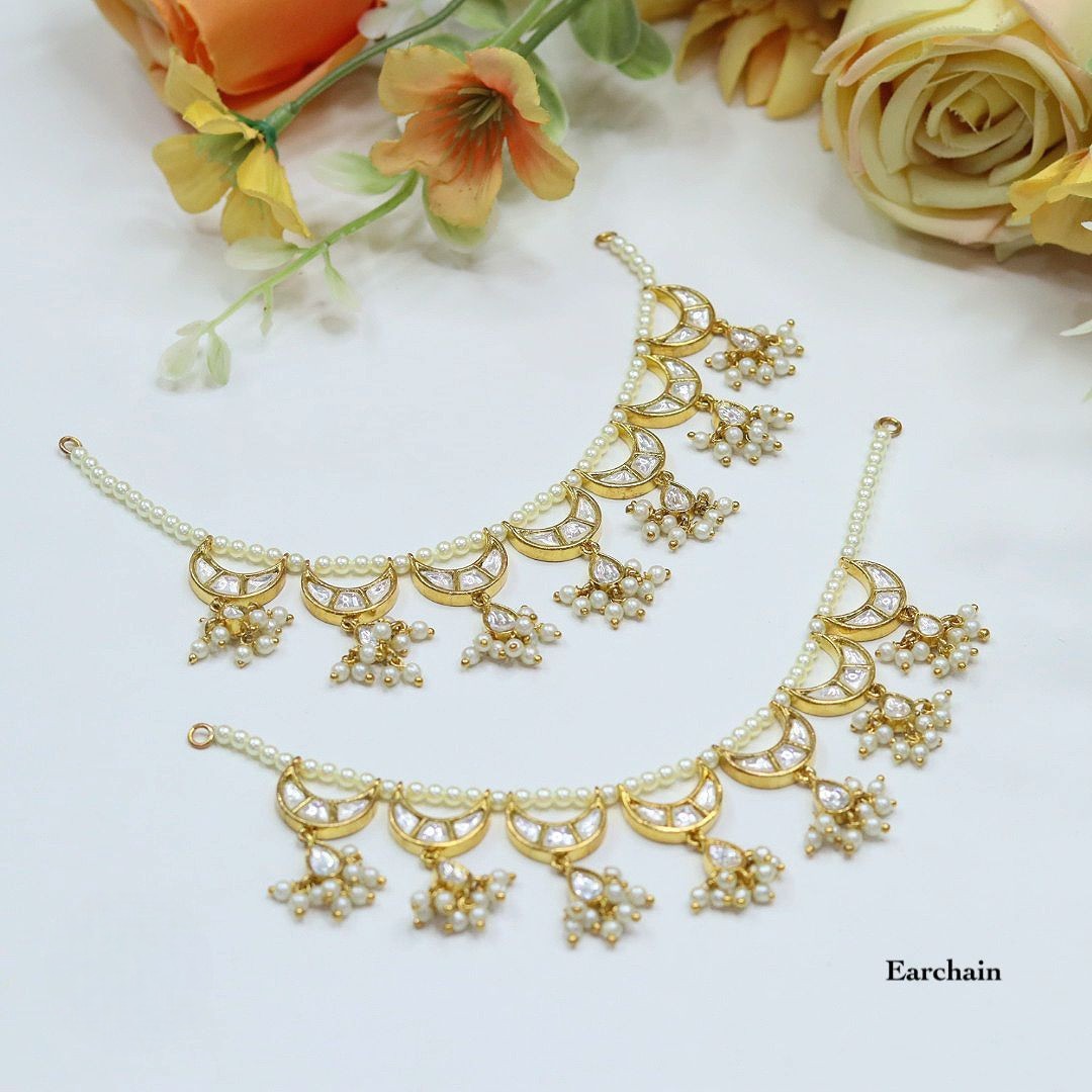 Traditional Crescent Pearl Ear Chain – Gold Finish Earchain with Jhumki Drops (Pair)