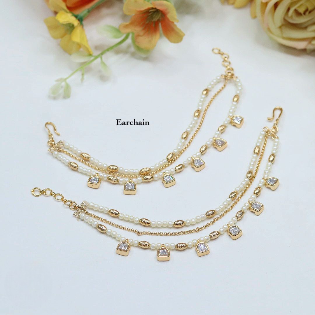 Pearl & Gold Beaded Ear Chain with CZ Drops – Elegant Layered Earchain (Pair)