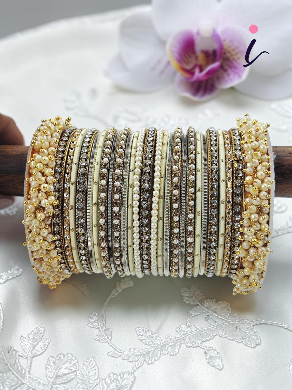 Cream bangles, wedding bangles for bride , Indian wedding bangles set with stones and pearl work