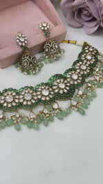 Premium Kundan Choker Necklace Set with Green Stones & Pearl Drops | Indian Kundan & Pearl Jewellery with Matching Jhumki Earrings