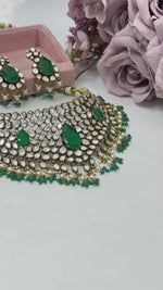 Premium Kundan Choker Necklace Set with Green Stones & Pearl Drops | Indian Kundan Jewellery with Matching Earrings