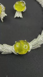 Elegant Yellow Stone Necklace Set with Stud Earrings | Diamond-Style Contemporary Jewellery | Indian Jewellery Stone Necklace Set