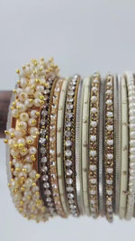 Cream bangles, wedding bangles for bride , Indian wedding bangles set with stones and pearl work, Indian traditional bangles set
