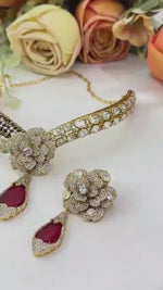 Kundan Necklace Bridal Set for Women – Gold Plated Floral Bridal Necklace Set with Earrings, Red Stone Wedding & Festive Jewellery