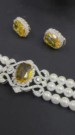 Pearl Choker Necklace Set with Yellow Stone | Diamond-Style Traditional Choker with Matching Earrings | Indian Jewellery Pearl Necklace Set