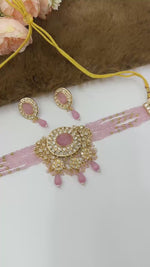 Pink Beaded Kundan Choker Necklace Set with Earrings for Women | Gold Plated Bridal Jewellery | Traditional Indian Wedding & Party Wear