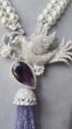 Bird Motif Purple Gemstone Beaded Necklace Tassel Earrings Set, Indian Bird Inspired Necklace Set, Silver Purple Nature Inspired Jewlery Set
