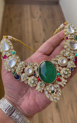 Emerald Multi Gemstone Indian Choker Set, Pakistani Polki Choker Earrings Set, Celebrity Polki Jewelry, Bollywood Polki Jewery Set, Choker Set