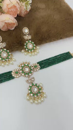 Emerald Green Beaded Kundan Choker Necklace Set with Earrings & Maang Tikka for Women | Gold Plated Bridal Jewellery | Traditional Indian Wedding Wear