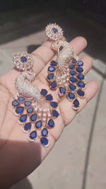 Indian Peacock-Inspired Earrings with Teardrop Gemstones Deep Blue color kundan for women