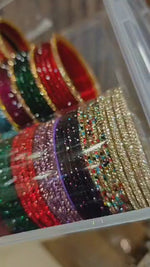 Combo Box with 3 Different Types of Glass Bangles Set | Indian Jewellery | Rain Drop Glass Bangles Set + Gold Drop Glass Bangles Set + 12 Colours 2-Line Stone Bangles Set | Premium Indian Bangles Set for Weddings & Daily Wear