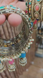 Royal Irani Multi-Stone Bangles Set with Moti Jhumar Design