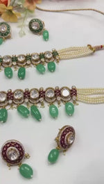 Elegant Pearl & Kundan Choker Necklace Set with Green Beads and Ruby Detailing – Traditional Festive Jewelry