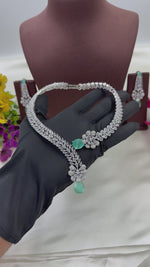 American Diamond Floral Drop Necklace Set with Green Teardrop Stone – Silver Plated Bridal & Wedding Jewellery for Women