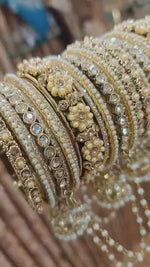 Indian Jhumki Brass Stone Bangle Set with Pearls & Jhumar Design – Traditional Bridal Bangle Set | Libasaa Indian Jewellery Collection