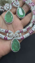 Luxury Emerald Green Stone Necklace Set with Earrings | Ruby & Diamond-Style Bridal Jewellery | Indian Jewellery Stone Necklace Set